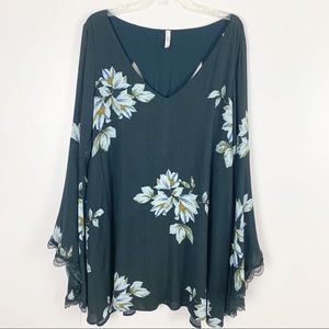Sz L Free People v-neck teal floral lined dress